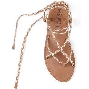 Sandalup Womens Size 8 Tan Strappy Braided Tie Up Sandal Open Toe Shoes